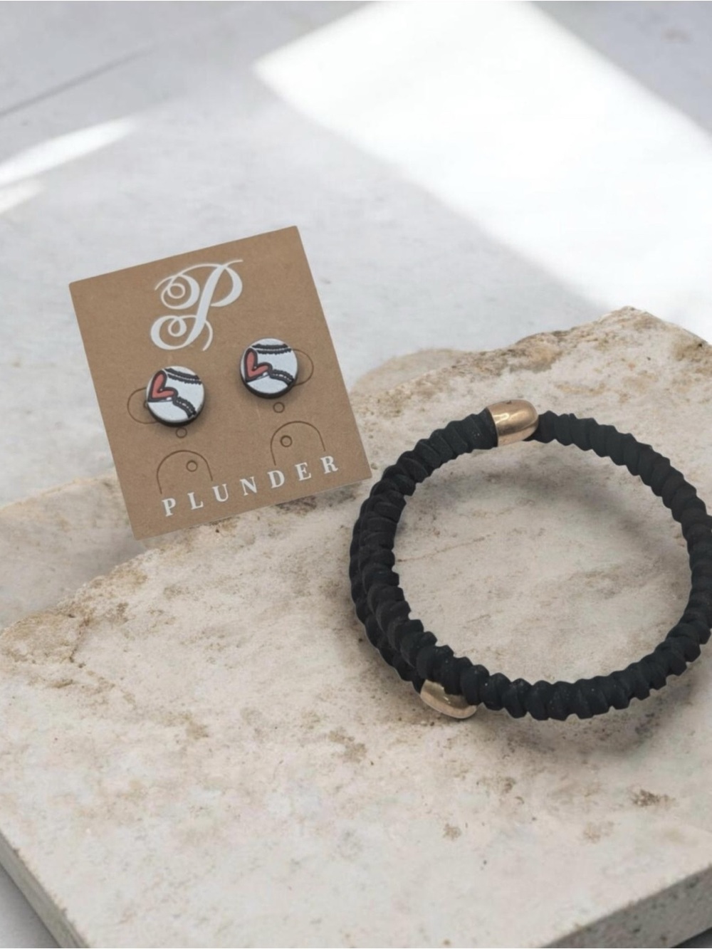 Plunder Black Braided Cord Bracelet with Gold Accents and Baseball Stud Earrings